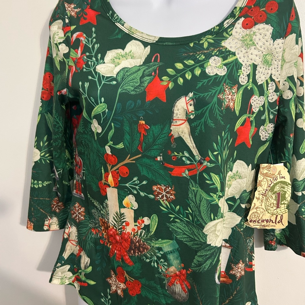Christmas ONE WORLD Green Floral Long Sleeve Top W Carousel Horse